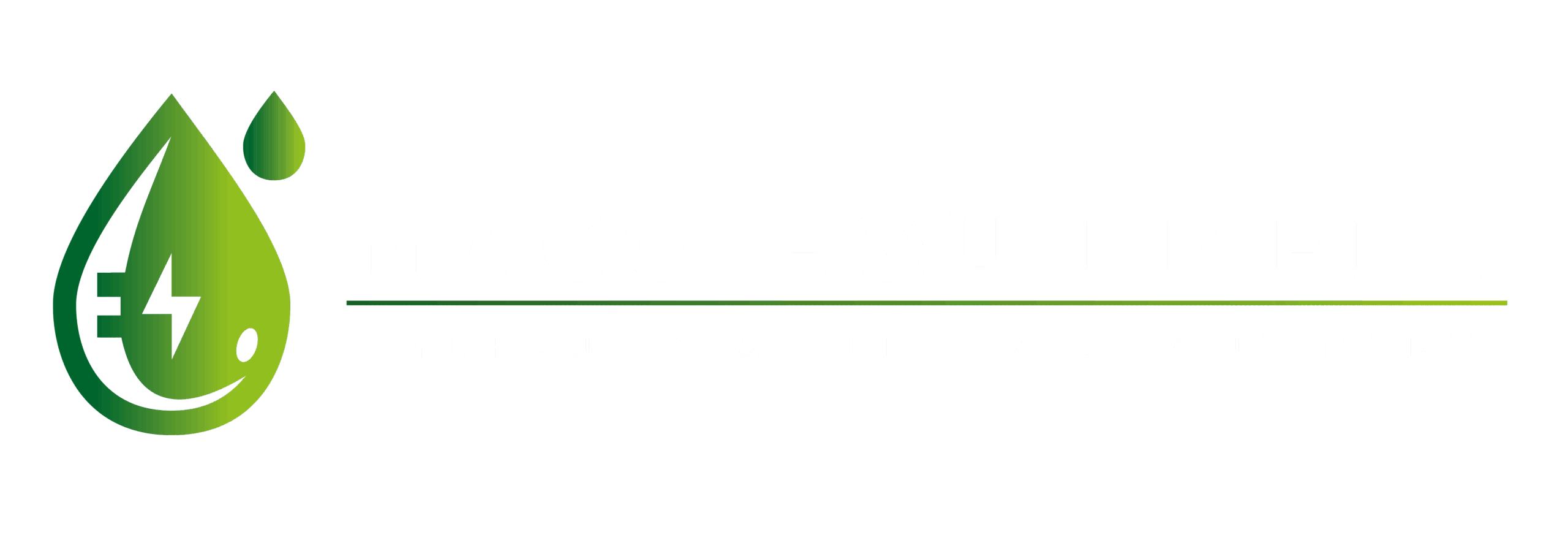 Logo MACO Equioment voorzien van groene druppel die zowel hydrauliek als elektrisch materieel uitbeeld
